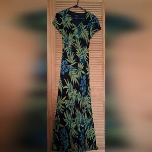 Black Maxi Dress with Green and Teal Leaf Print